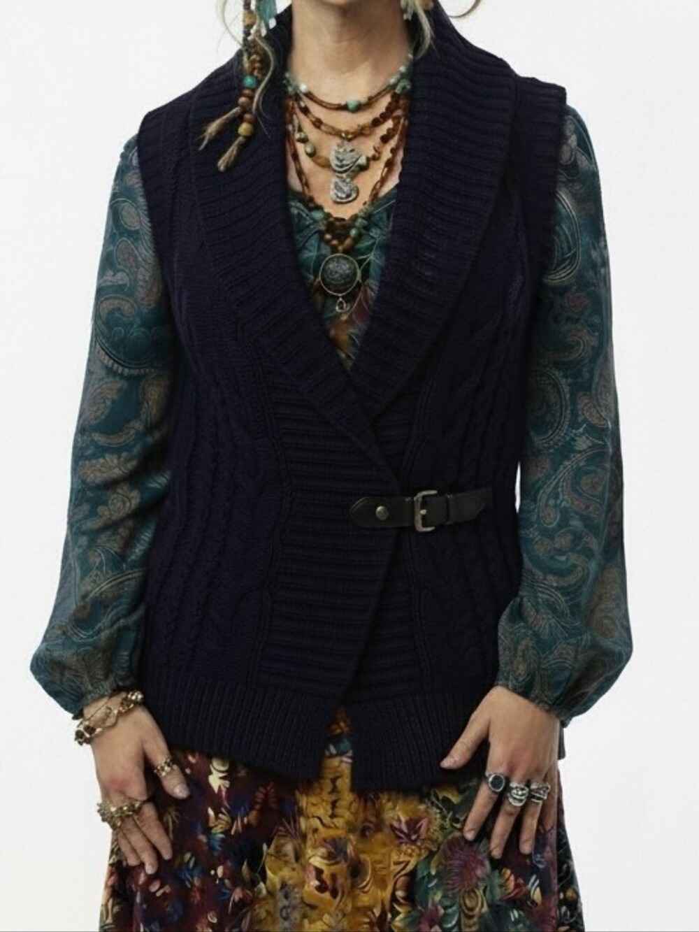 Lauren Ralph Lauren Black Chunky Cable Knit Equestrian Vest Bridle Detail